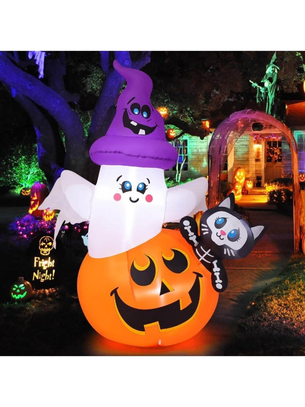 🎃5 FT Halloween Inflatables Pumpkin Ghost Cat Blow Up Yard with Yard Decor